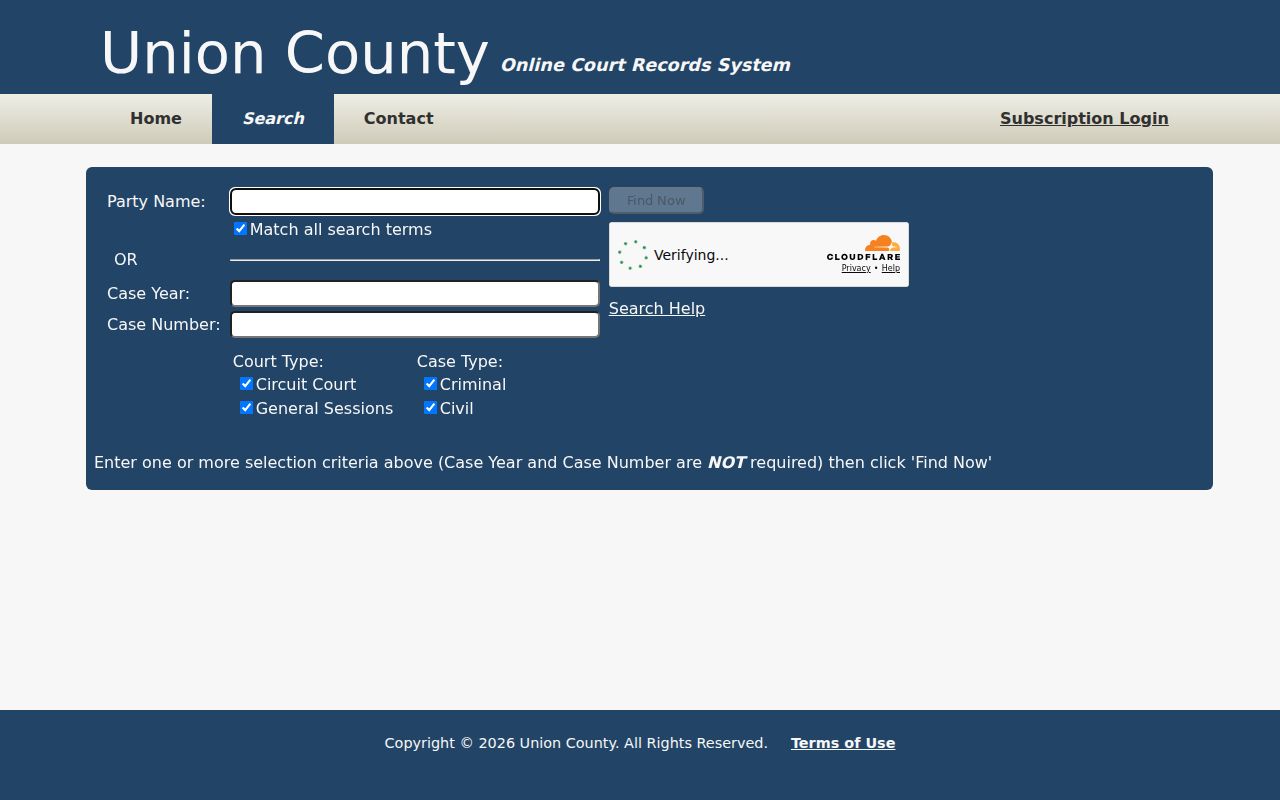 Union County warrant search reference showing the official court case-search interface