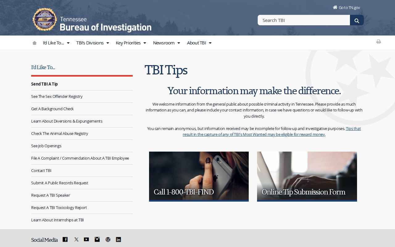 Union County warrant tip reference showing the Tennessee TBI public tip program
